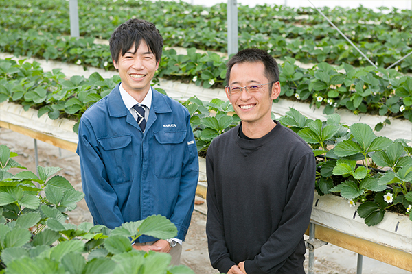販売元のサカタのタネ居村さん（左）も現場に足を運び、産地や生産者ごとに異なる栽培環境での上手な使い方を開発している