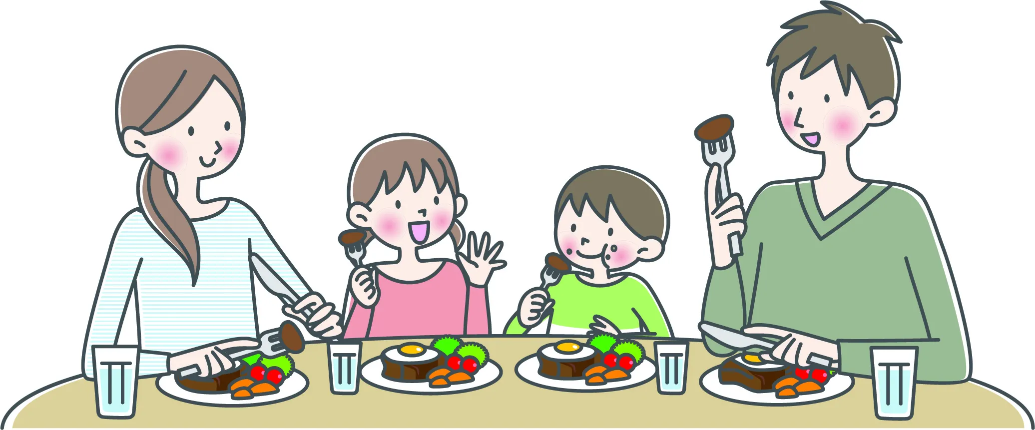 四人家族がハンバーグを食べているイラスト