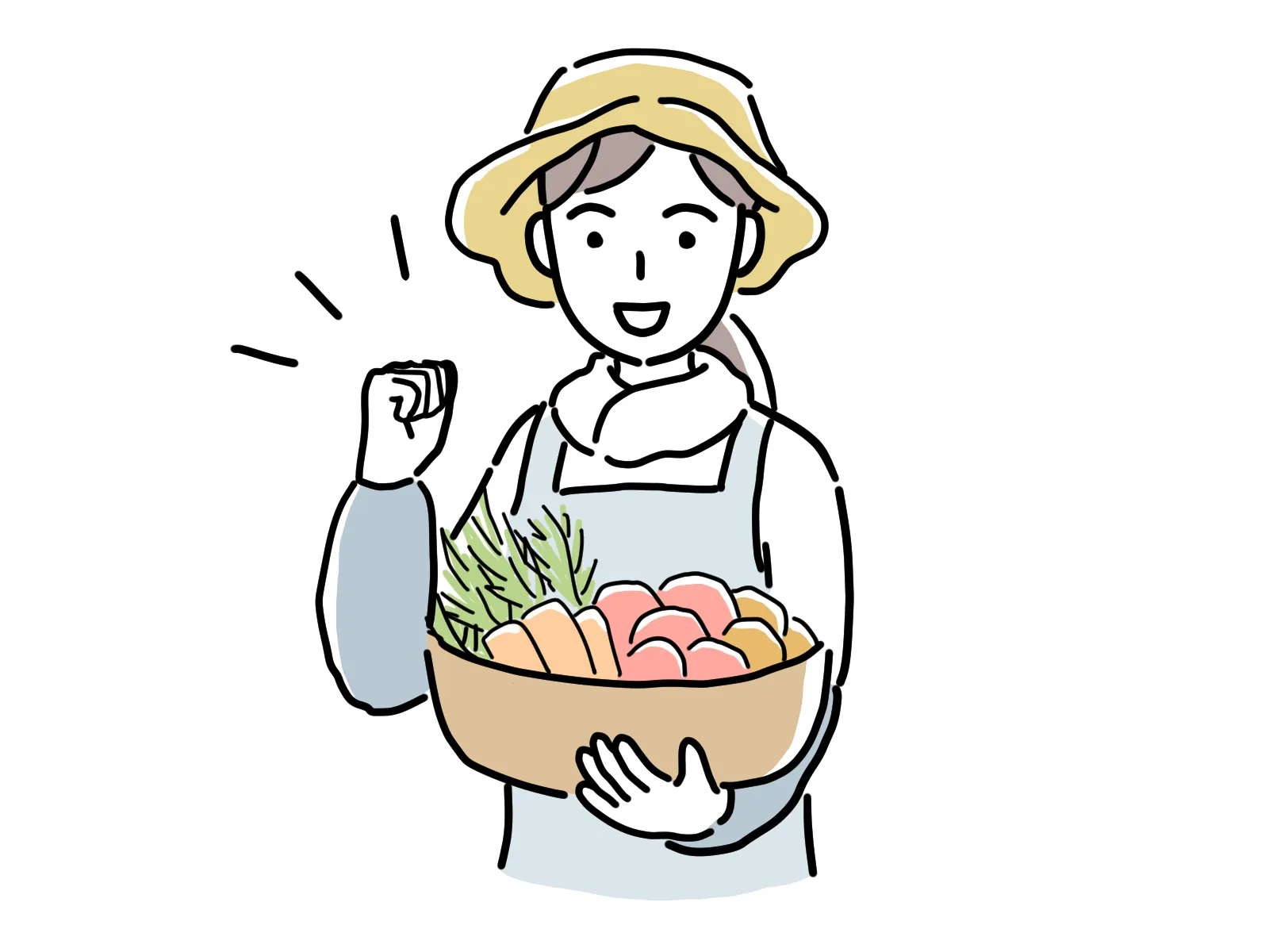 女性農家が収穫した野菜を手に意気込む様子のイラスト